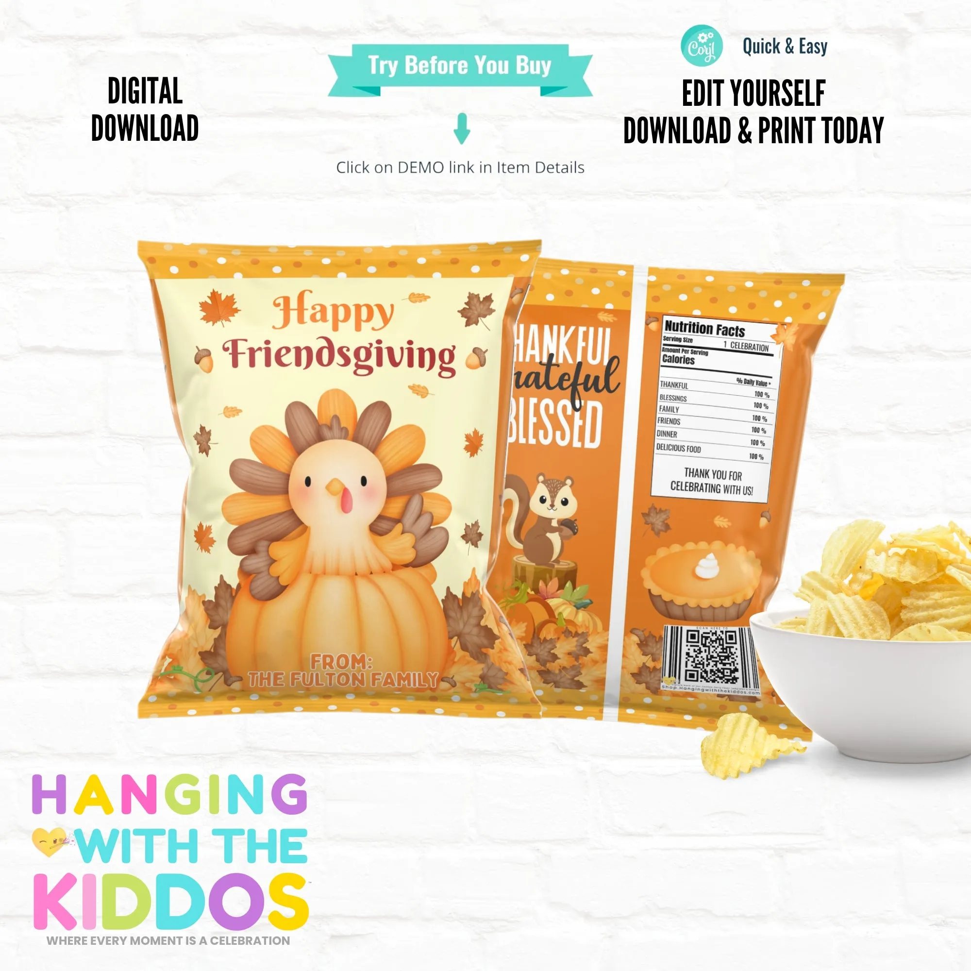 Thanksgiving Chip Bag Template - Personalized  Party Favor