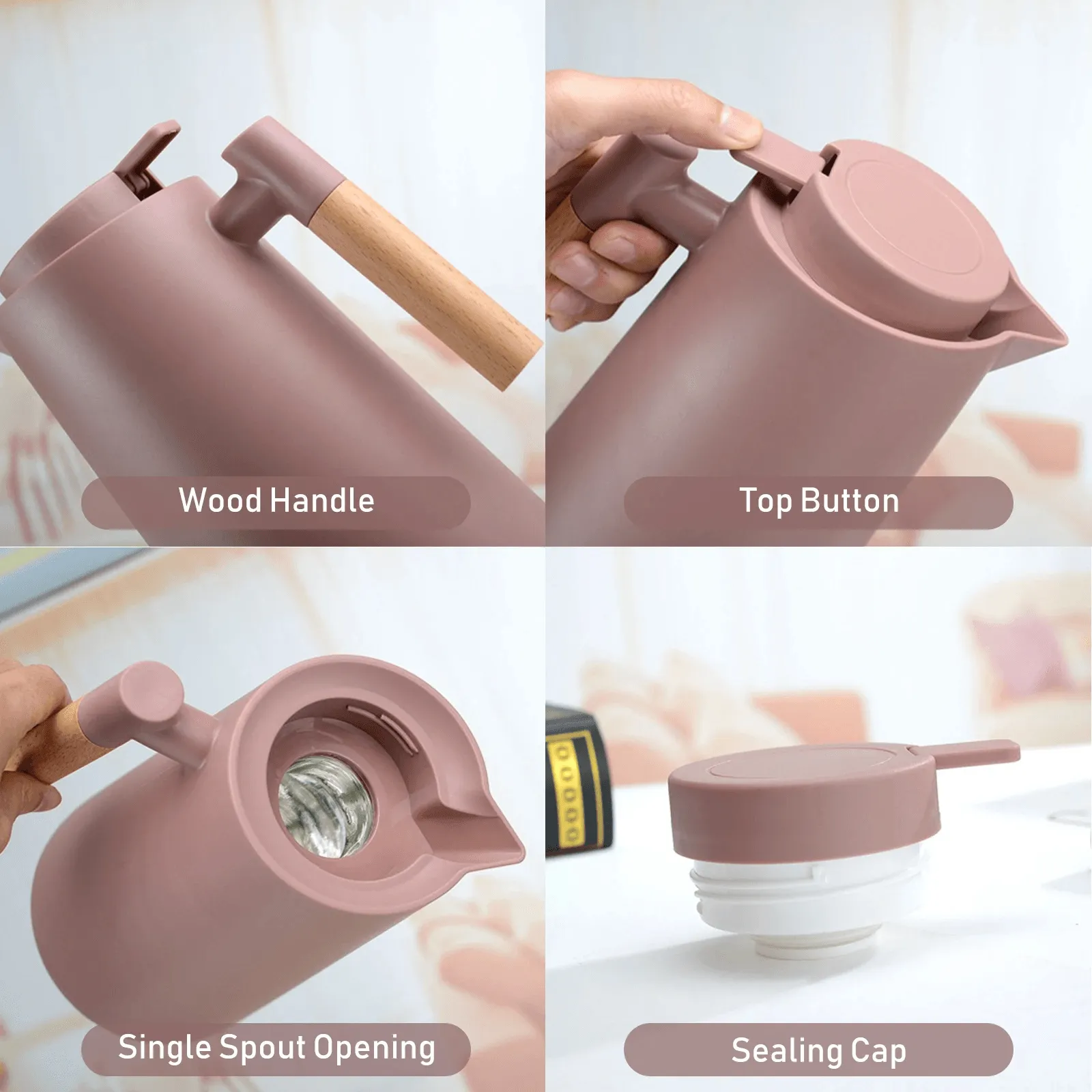 Thermos Insulation Vacuum Flask With Wooden Handle 1 Ltr - 8010