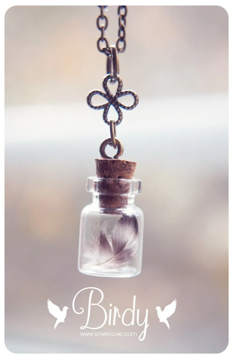 Tiny real feather vial pendant necklace