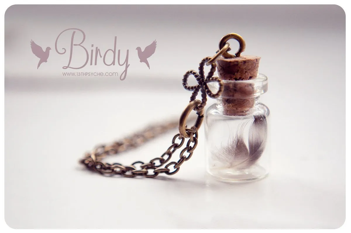 Tiny real feather vial pendant necklace