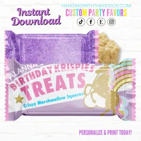 Tween Unicorn Birthday Rice Krispy Treats Wrappers  Personalized Tea Party Favors| 1st Birthday Favors