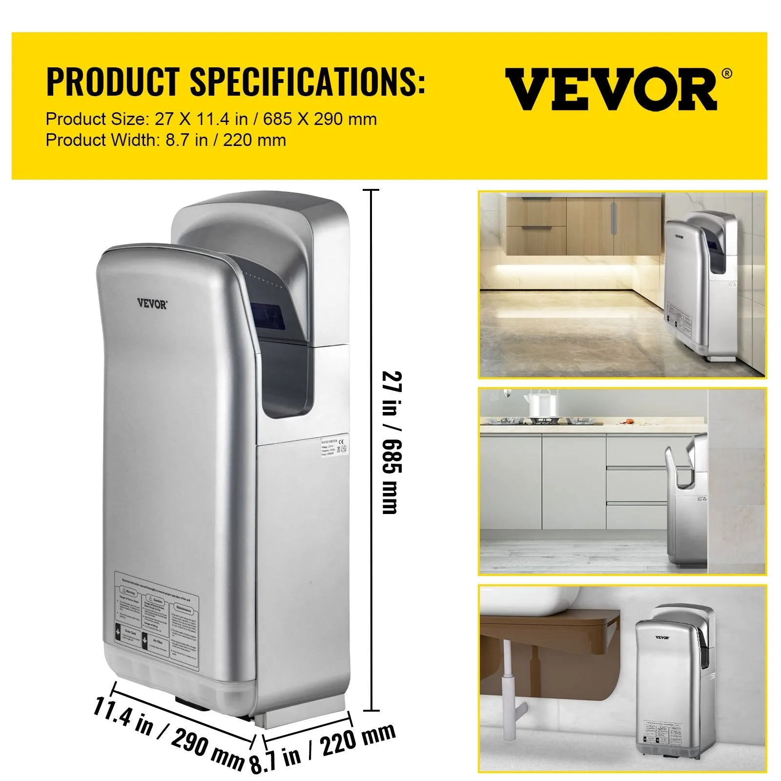 Vevor Jet Hand Dryer 1600W Vertical Wall Mount High-Speed Automatic New