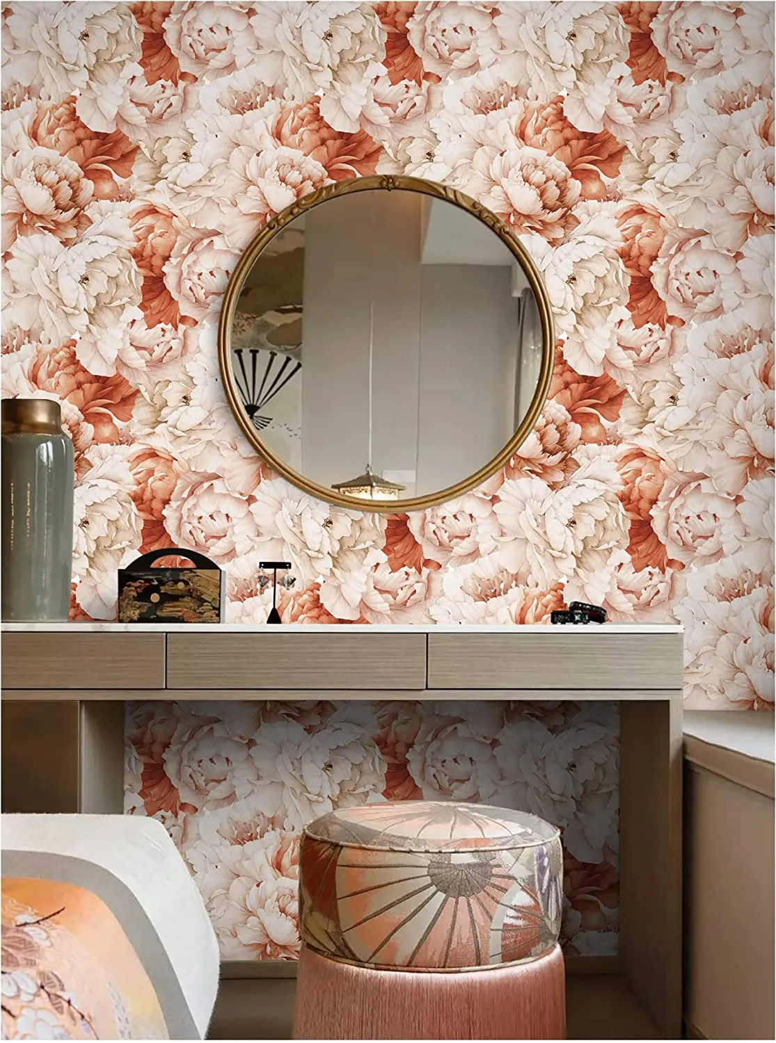 Vintage Peony Floral  Wallpaper Self Adhesive Mural 17.7in x 9.8ft