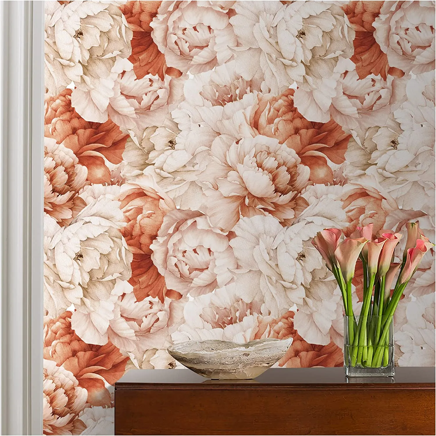 Vintage Peony Floral  Wallpaper Self Adhesive Mural 17.7in x 9.8ft