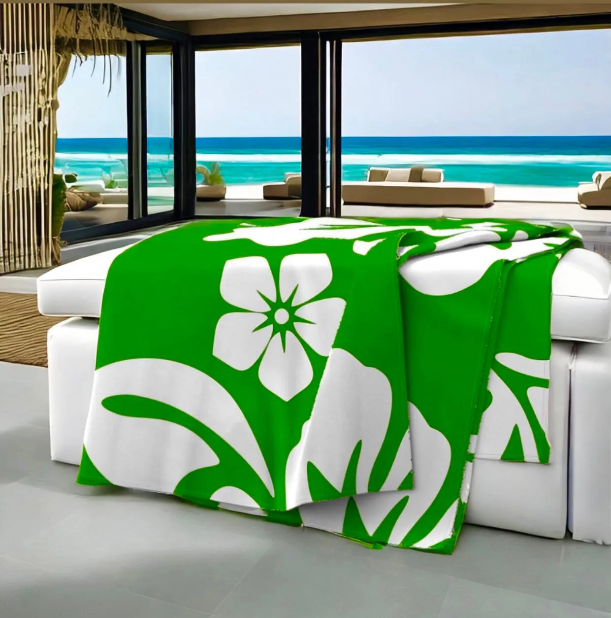 White and Fresh Green Hawaiian Flowers Minky Throw Blanket