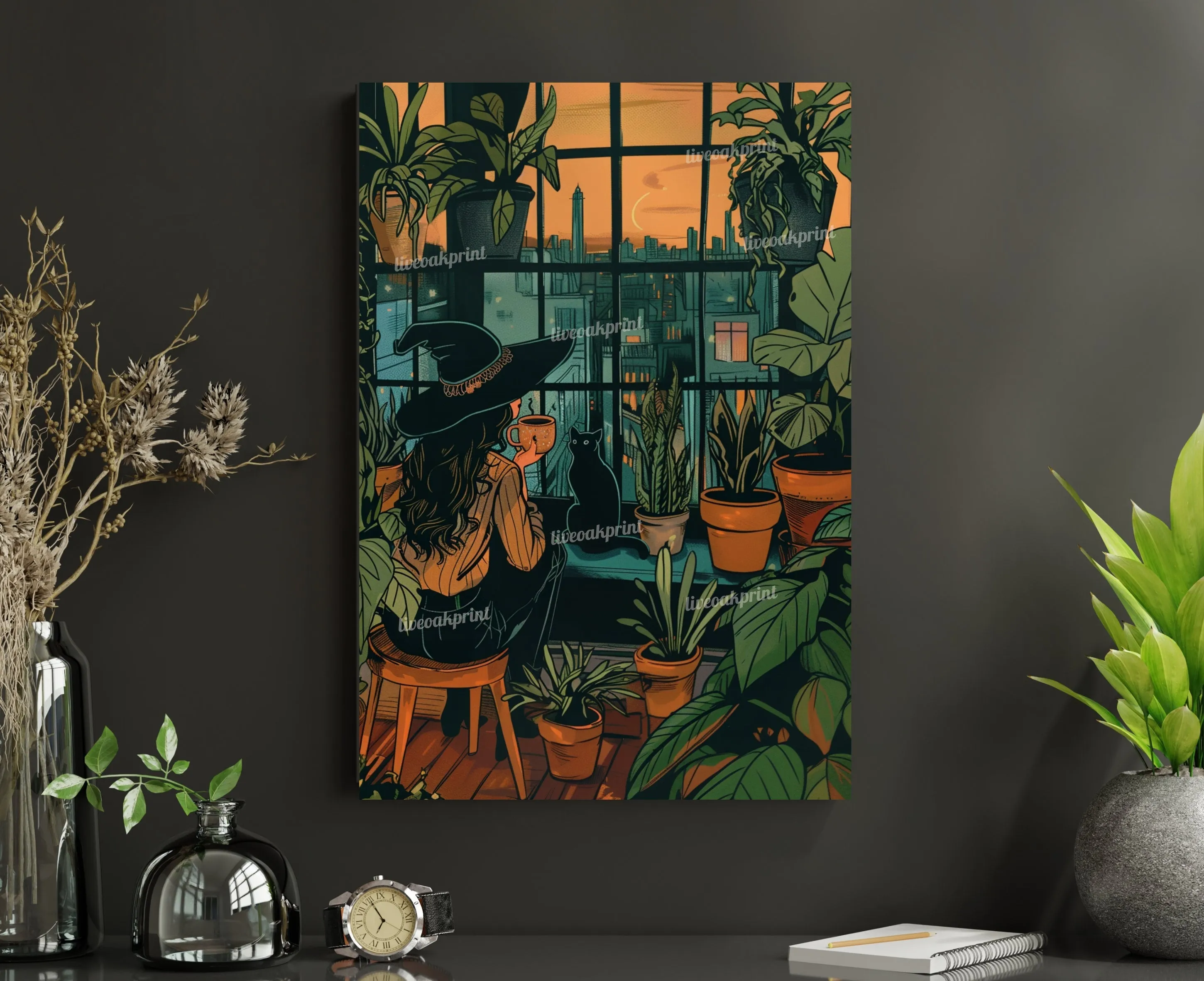 Witch Drinking Coffee, Looking Over an Urban Sunset - Plant Wall Art - Boho Witch Art - Black Cat Print - Witchy Wall Decor - Gothic Print