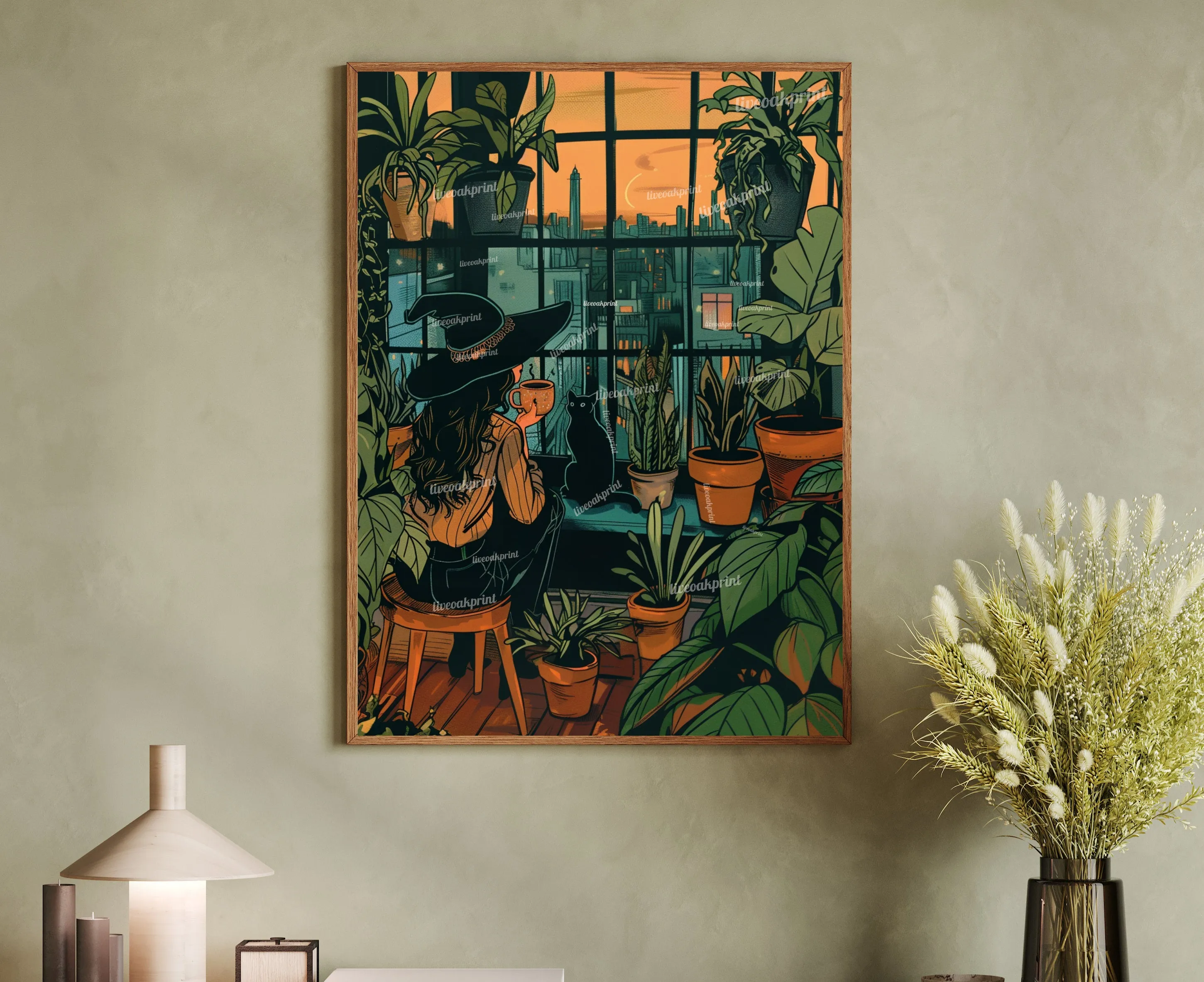 Witch Drinking Coffee, Looking Over an Urban Sunset - Plant Wall Art - Boho Witch Art - Black Cat Print - Witchy Wall Decor - Gothic Print