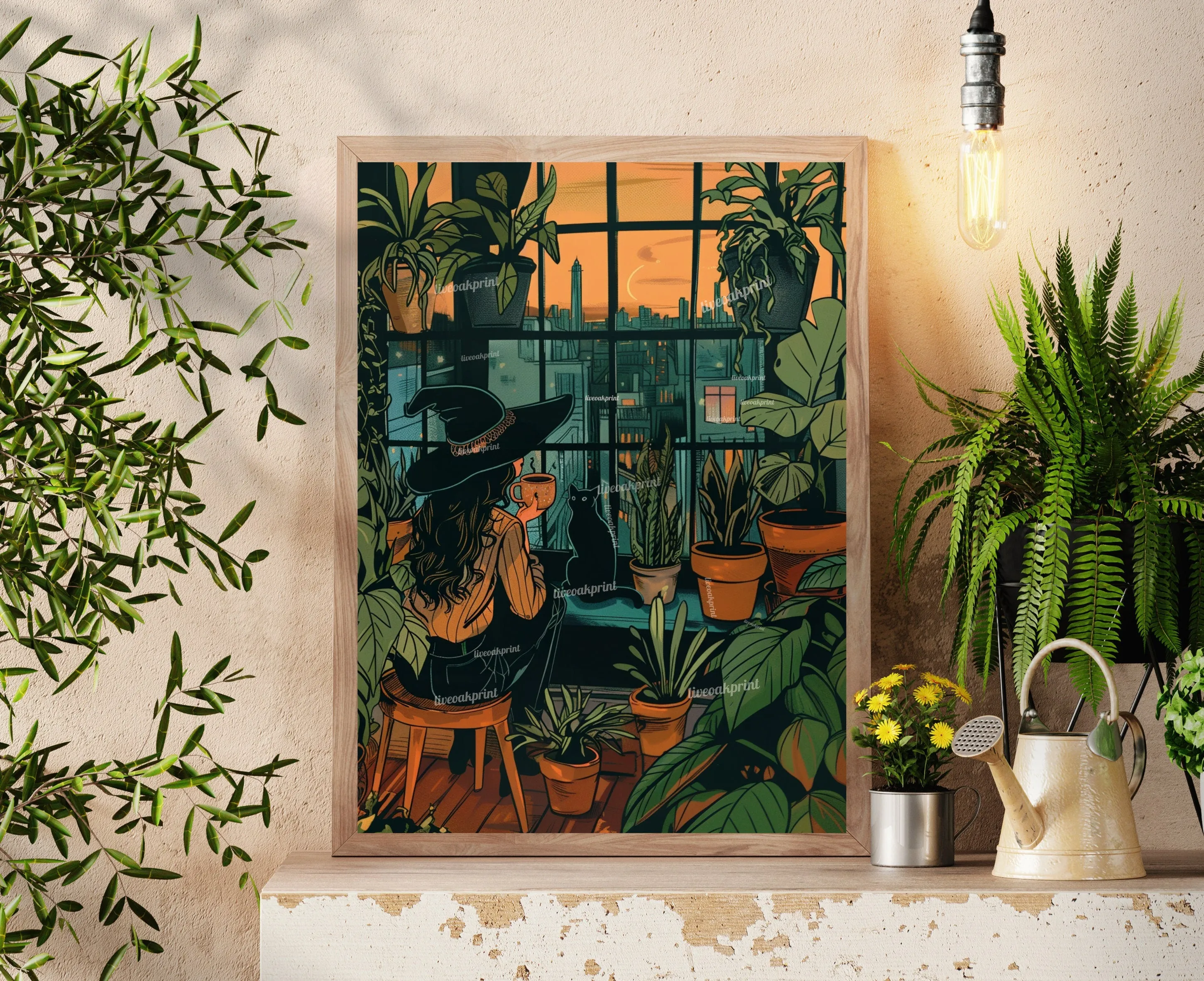 Witch Drinking Coffee, Looking Over an Urban Sunset - Plant Wall Art - Boho Witch Art - Black Cat Print - Witchy Wall Decor - Gothic Print