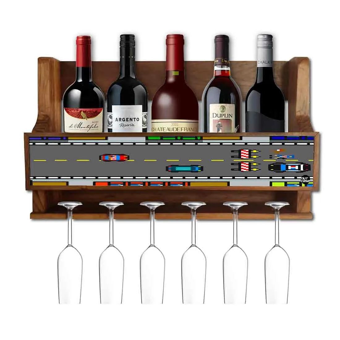 Wooden Wine Glass Wall Rack Cabinet for Living Room 5 Bottles 6 Glasses - Game