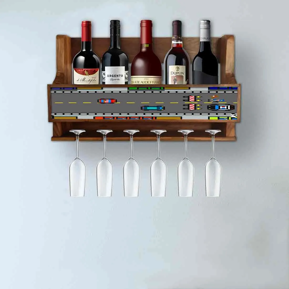 Wooden Wine Glass Wall Rack Cabinet for Living Room 5 Bottles 6 Glasses - Game