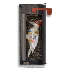 WOODPECKER DIORAMA (IN MAILBOX) original mixed media wall sculpture