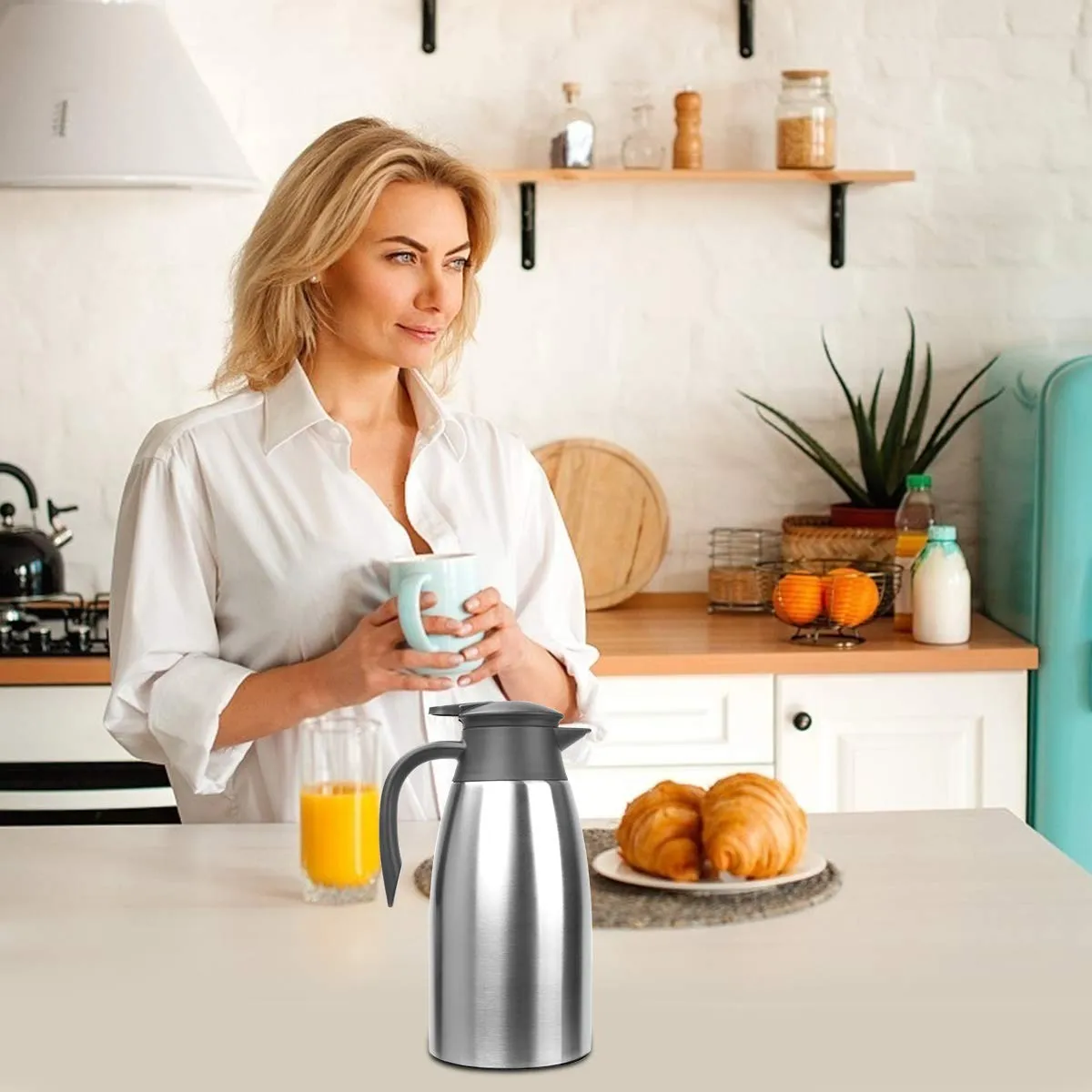 Yummy Sam Thermal Coffee Carafe Stainless Steel 68oz(2 Lifter) Double Walled Vacuum Coffee Thermos Water Beverage Dispenser 12 Hour Heat Retention/24 Hour Cold Retention (Silver)