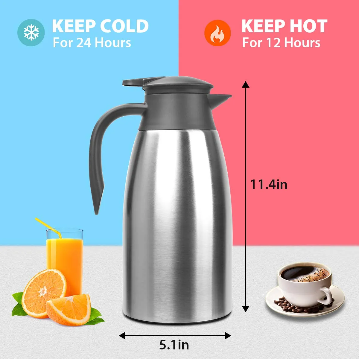 Yummy Sam Thermal Coffee Carafe Stainless Steel 68oz(2 Lifter) Double Walled Vacuum Coffee Thermos Water Beverage Dispenser 12 Hour Heat Retention/24 Hour Cold Retention (Silver)